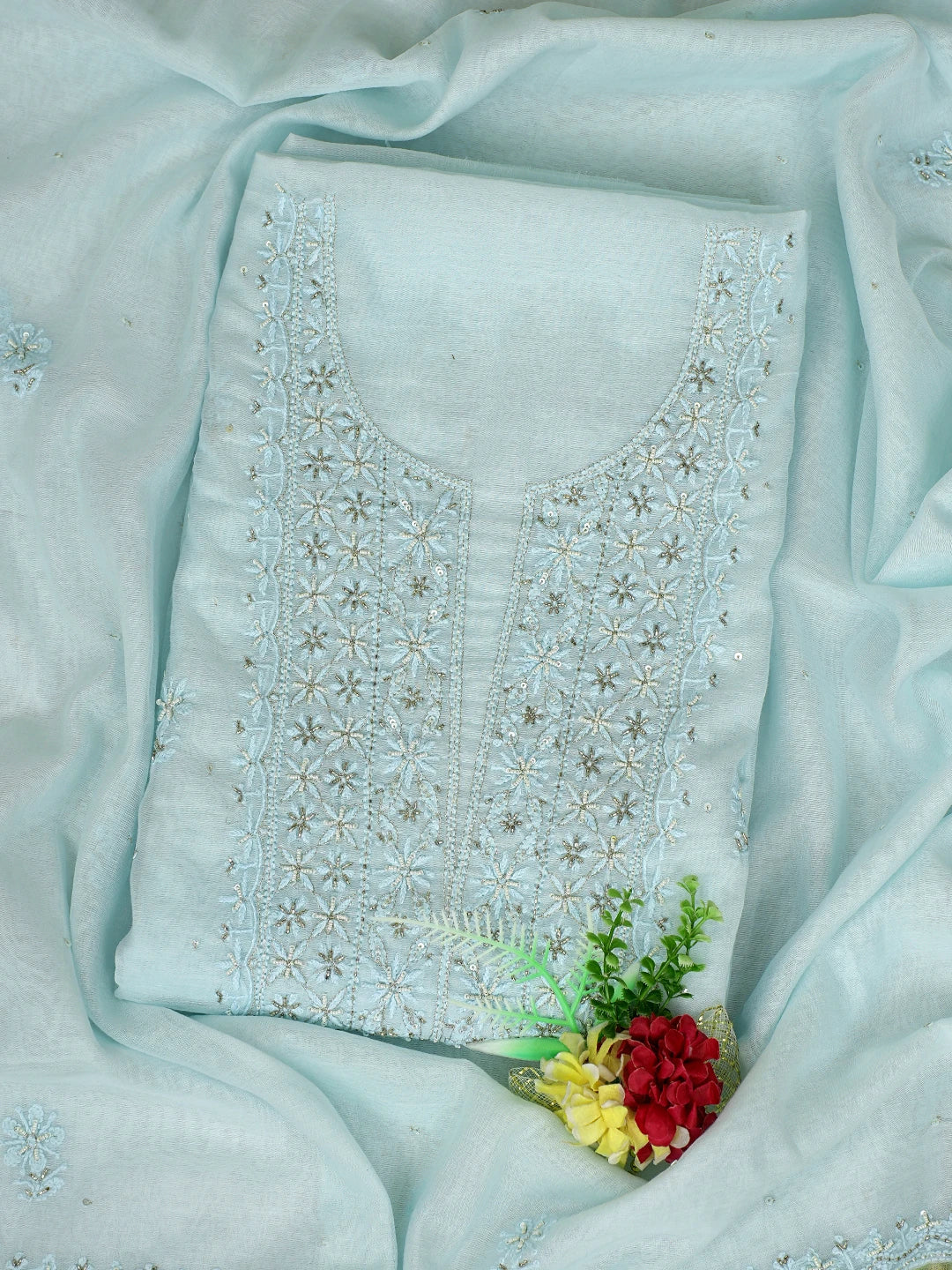 Ada Hand Embroidered Sky Blue Chanderi Lucknowi Chikankari Unstitched Kurta Dupatta Set With Cutdana Work 01A789515