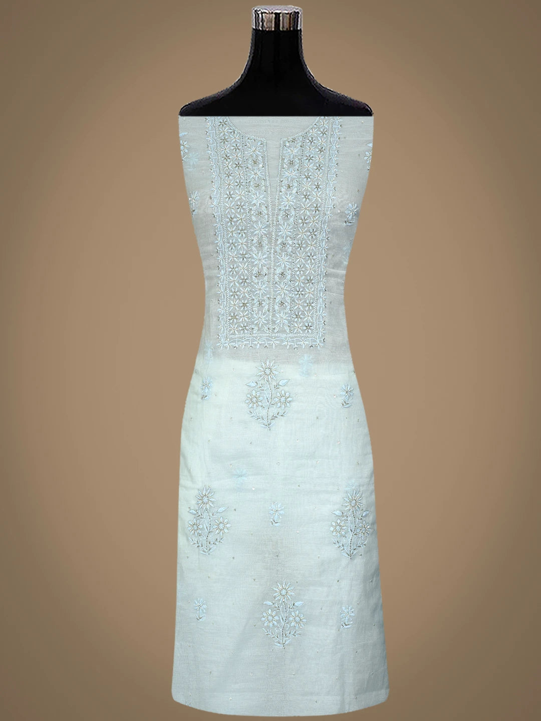 Ada Hand Embroidered Sky Blue Chanderi Lucknowi Chikankari Unstitched Kurta Dupatta Set With Cutdana Work 01A789515