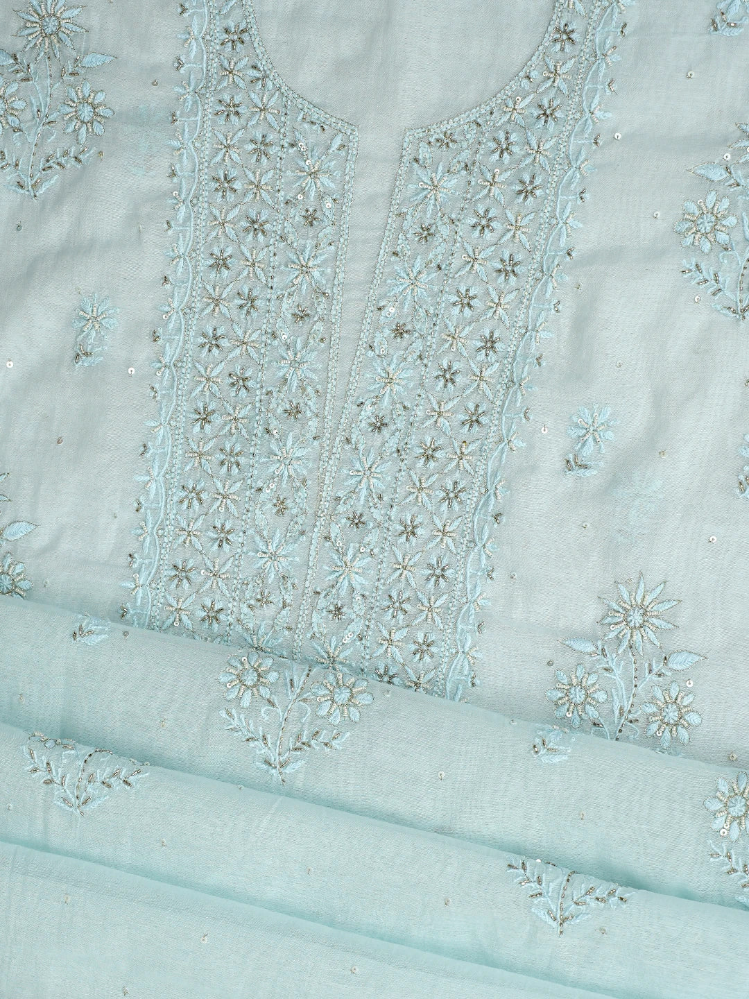 Ada Hand Embroidered Sky Blue Chanderi Lucknowi Chikankari Unstitched Kurta Dupatta Set With Cutdana Work 01A789515