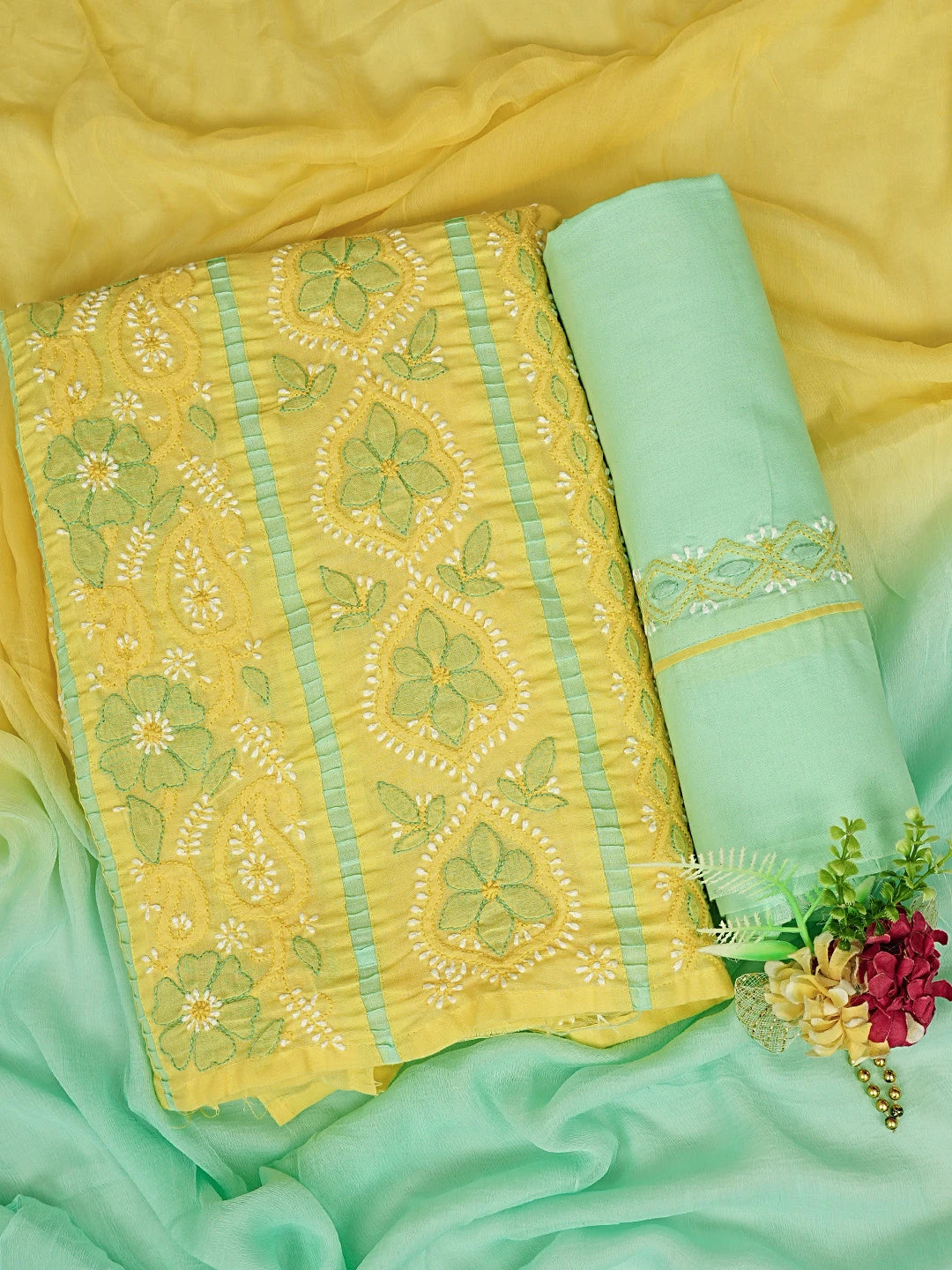 Ada Hand Embroidered Yellow Cotton Lucknowi Chikankari Unstitched Suit Piece 01A821876