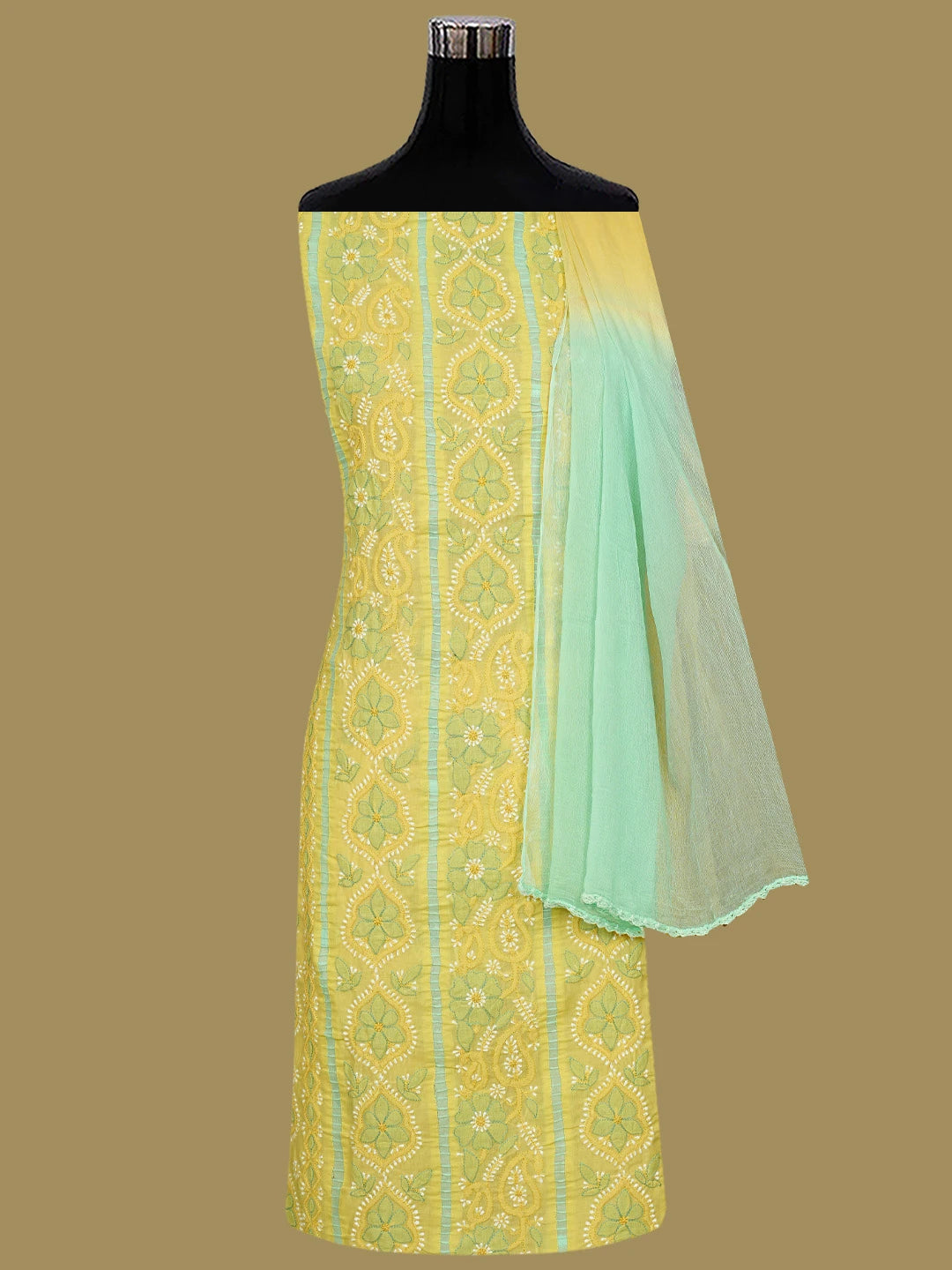 Ada Hand Embroidered Yellow Cotton Lucknowi Chikankari Unstitched Suit Piece 01A821876