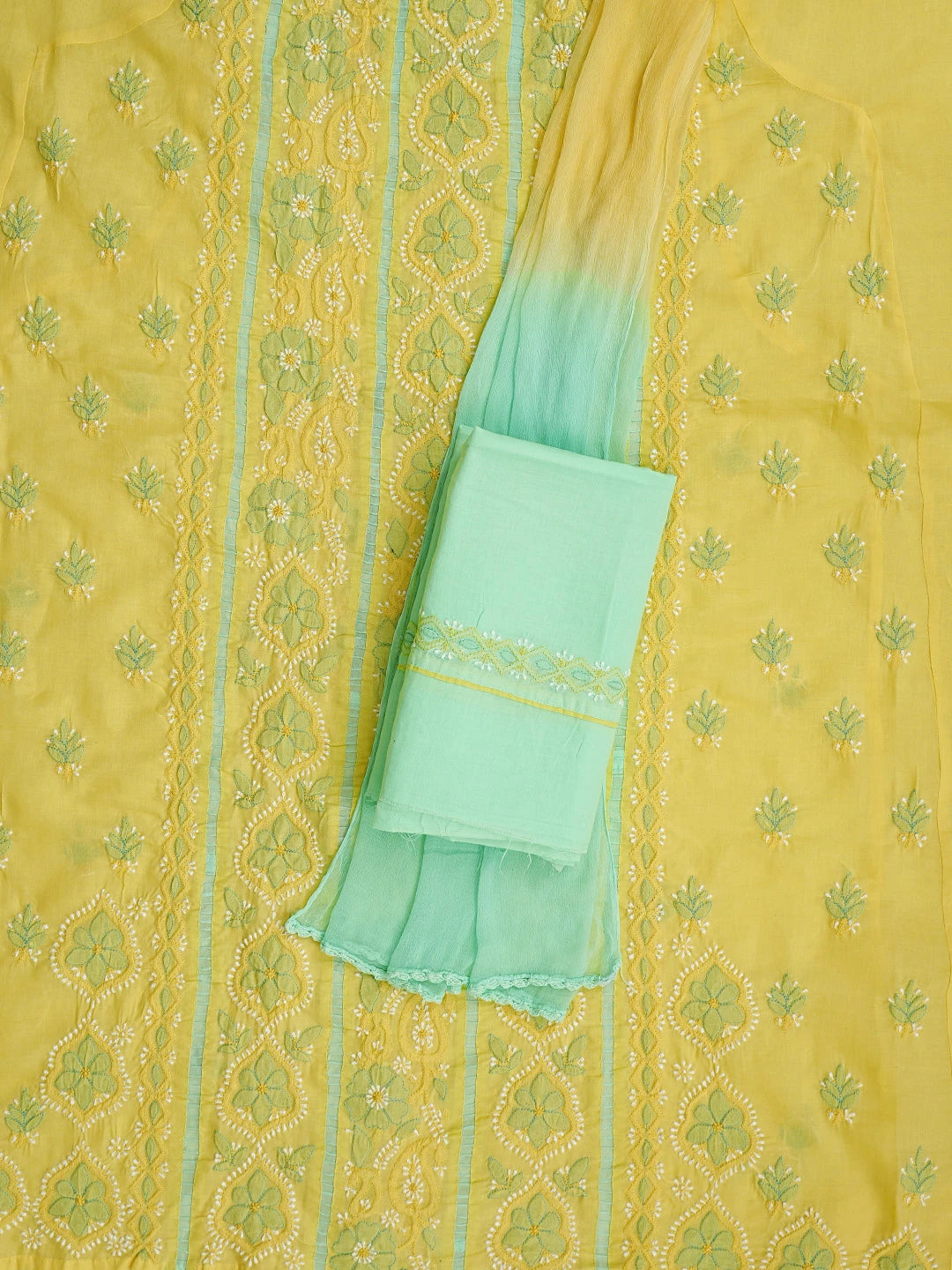 Ada Hand Embroidered Yellow Cotton Lucknowi Chikankari Unstitched Suit Piece 01A821876