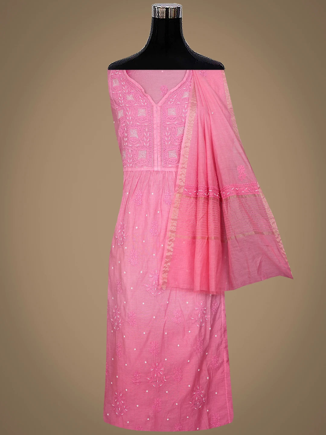 Ada Hand Embroidered Pink Chanderi Lucknowi Chikankari Semi-Stitched Kurta Dupatta Set With Cutdana Work 01A833551