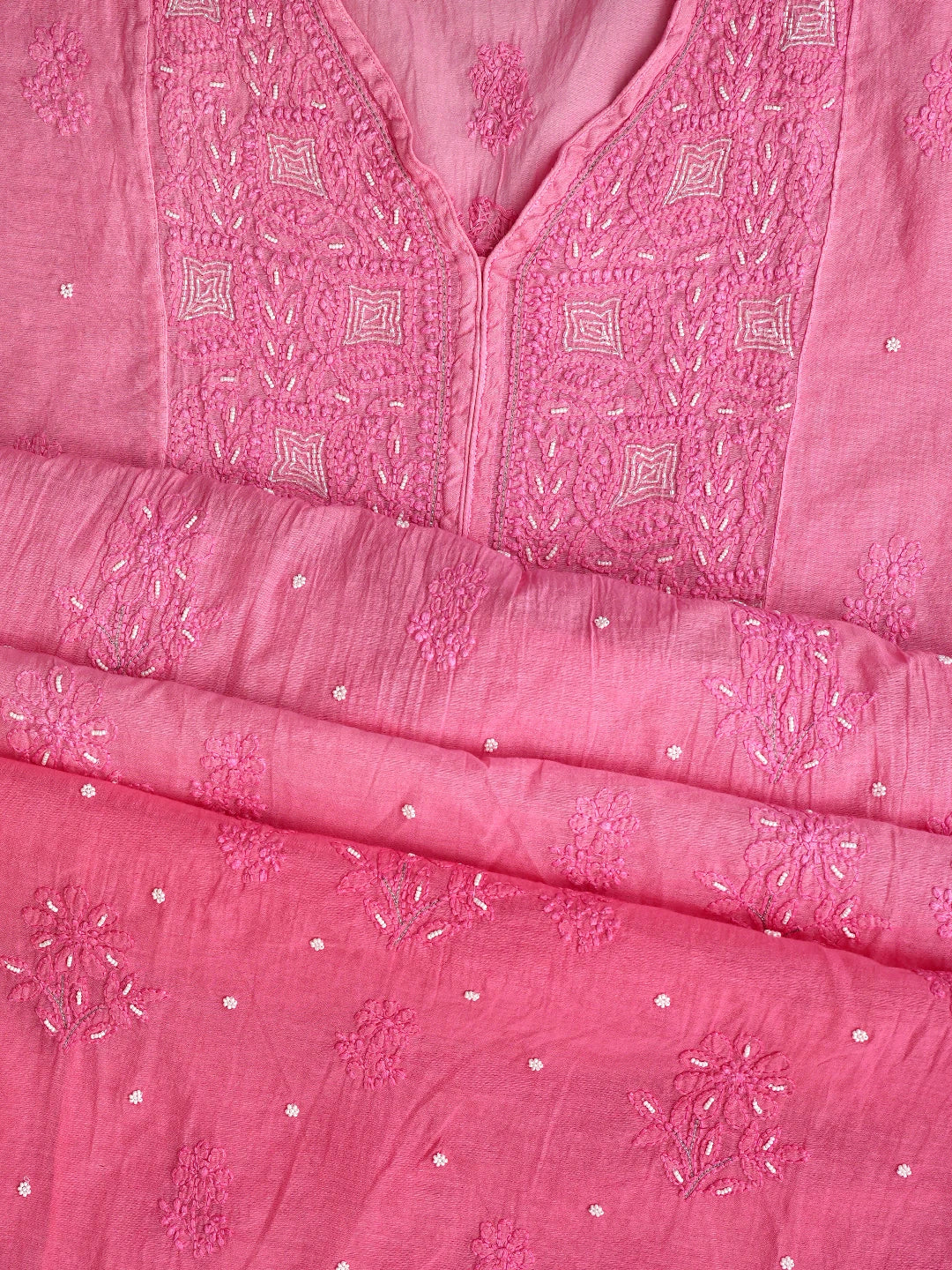 Ada Hand Embroidered Pink Chanderi Lucknowi Chikankari Semi-Stitched Kurta Dupatta Set With Cutdana Work 01A833551