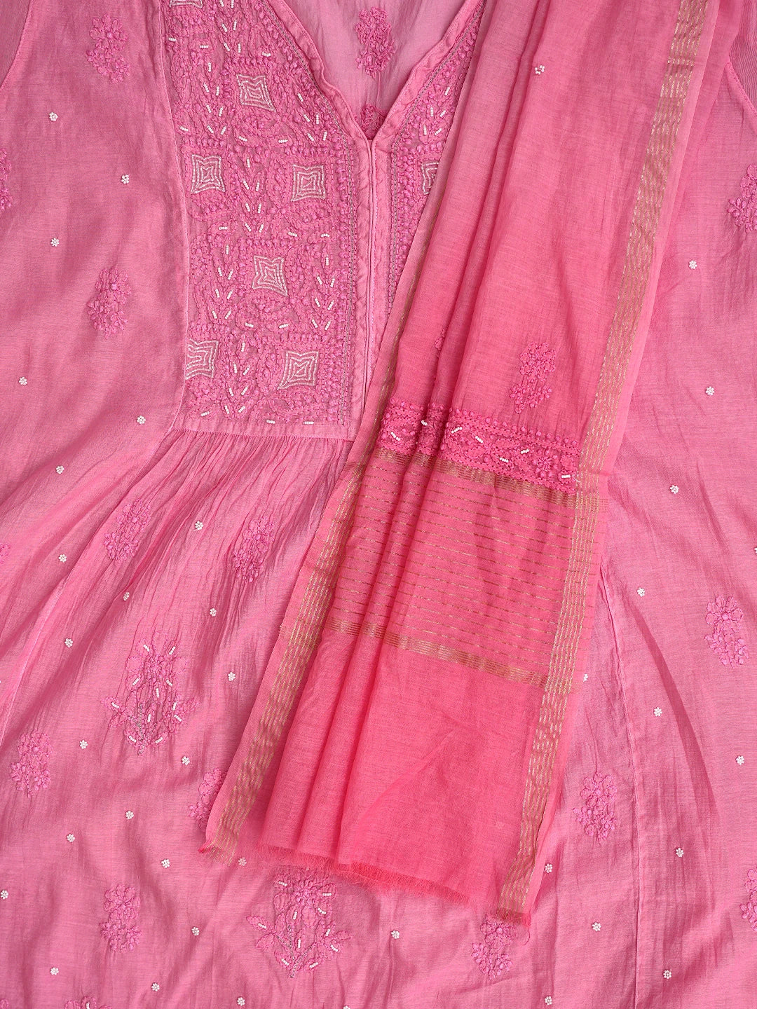 Ada Hand Embroidered Pink Chanderi Lucknowi Chikankari Semi-Stitched Kurta Dupatta Set With Cutdana Work 01A833551