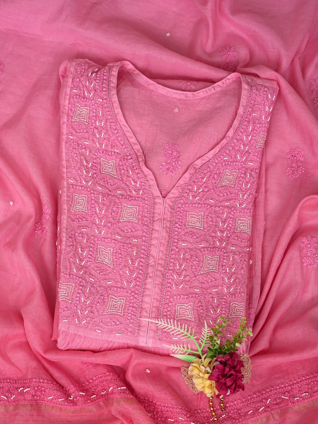 Ada Hand Embroidered Pink Chanderi Lucknowi Chikankari Semi-Stitched Kurta Dupatta Set With Cutdana Work 01A833551