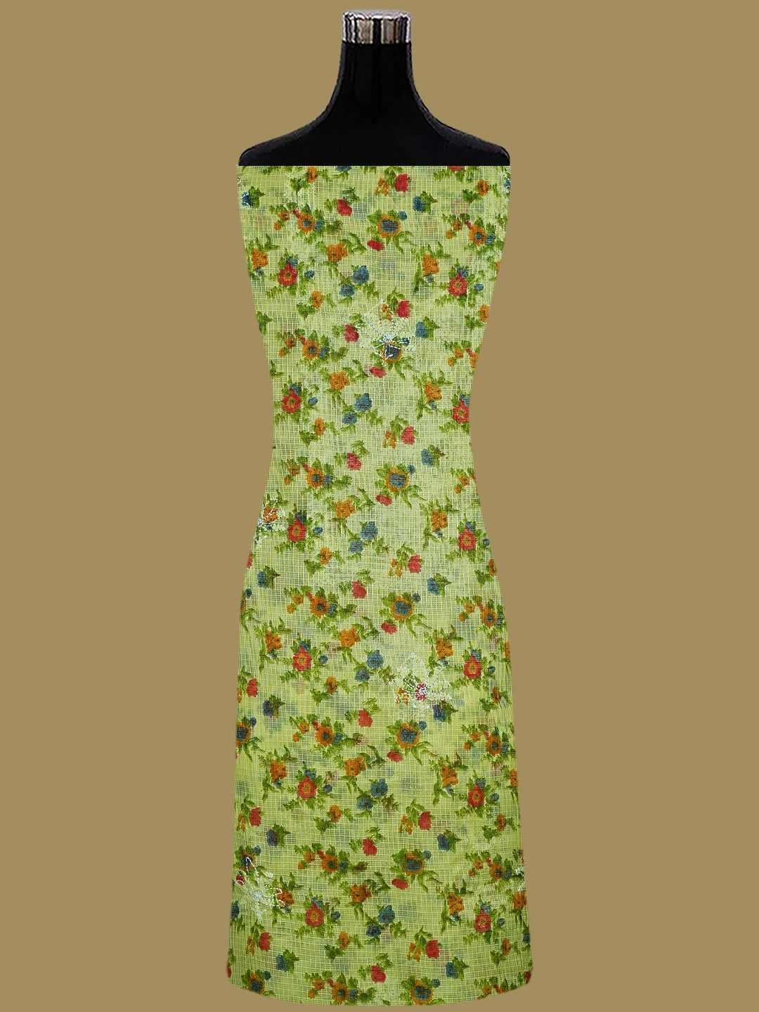 Ada Hand Embroidered Lime Green Kota Floral Printed Lucknowi Chikankari Unstitched Kurta Dupatta Set 01A736603