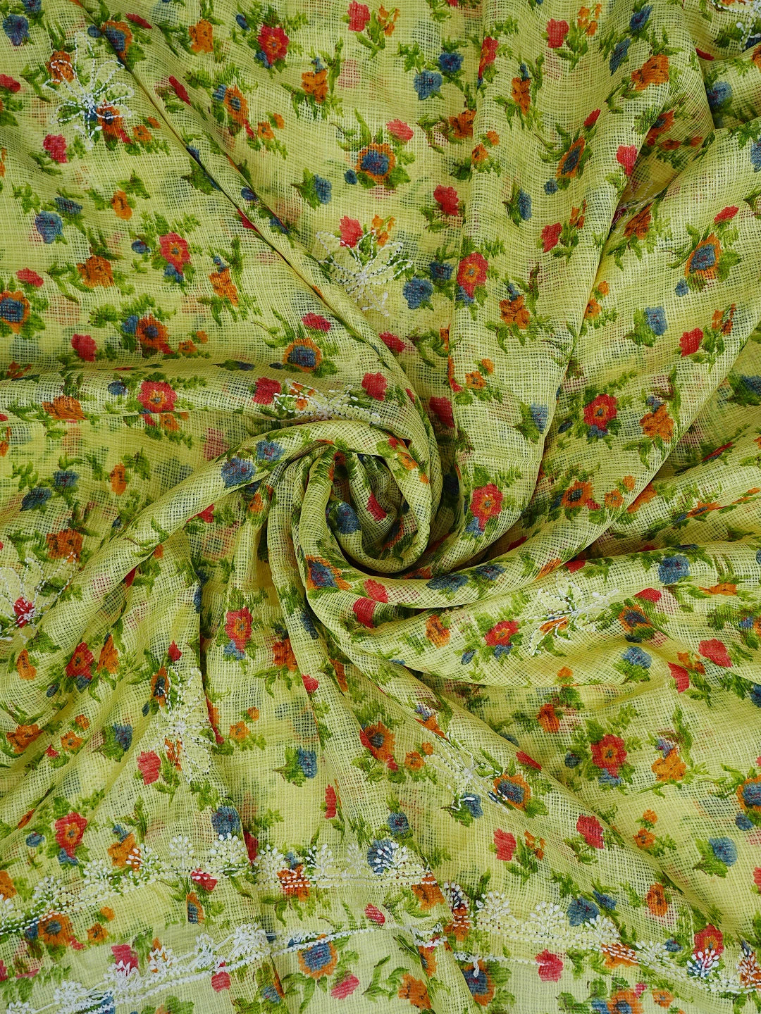 Ada Hand Embroidered Lime Green Kota Floral Printed Lucknowi Chikankari Unstitched Kurta Dupatta Set 01A736603