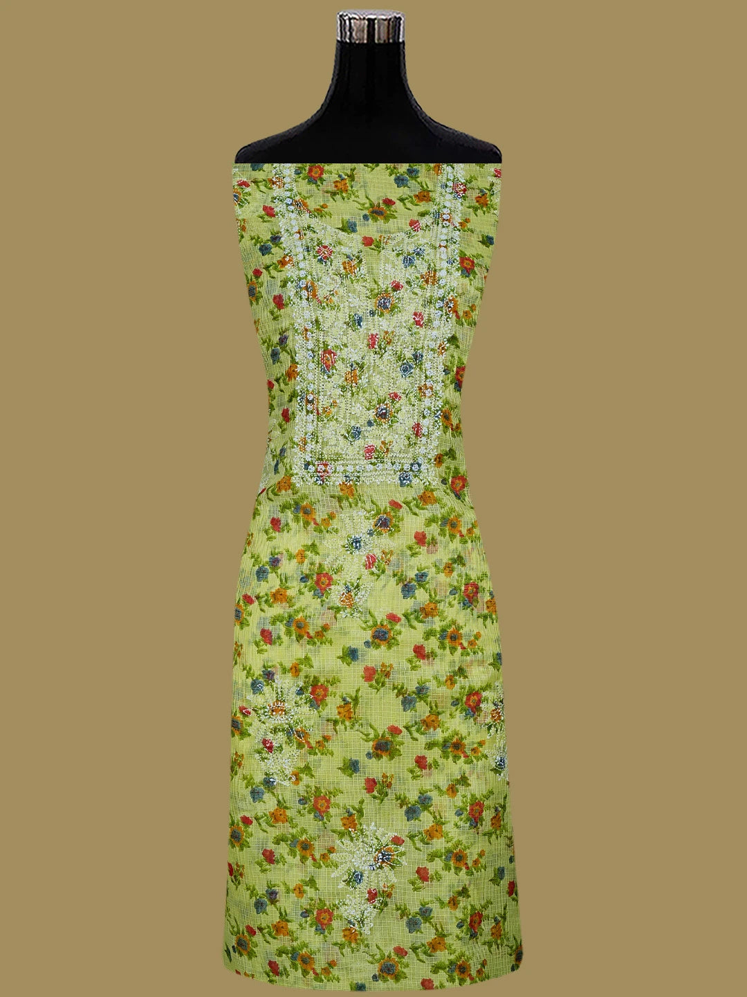 Ada Hand Embroidered Lime Green Kota Floral Printed Lucknowi Chikankari Unstitched Kurta Dupatta Set 01A736603