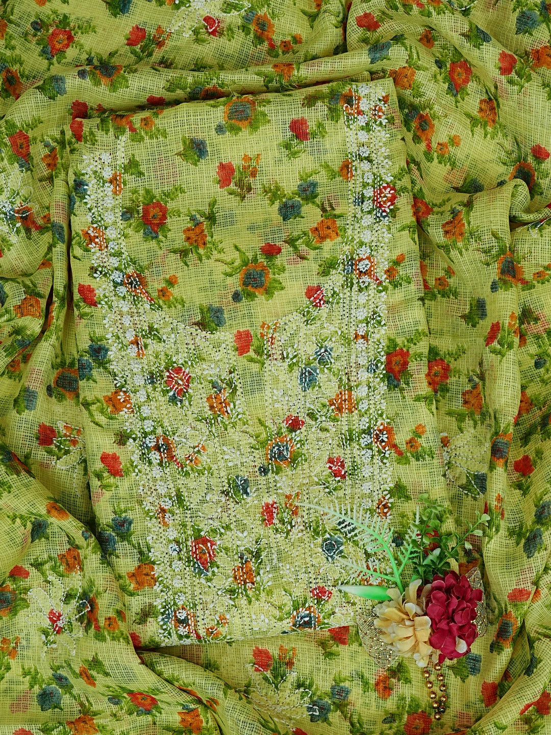 Ada Hand Embroidered Lime Green Kota Floral Printed Lucknowi Chikankari Unstitched Kurta Dupatta Set 01A736603