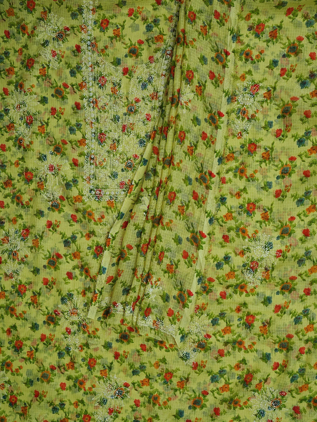 Ada Hand Embroidered Lime Green Kota Floral Printed Lucknowi Chikankari Unstitched Kurta Dupatta Set 01A736603