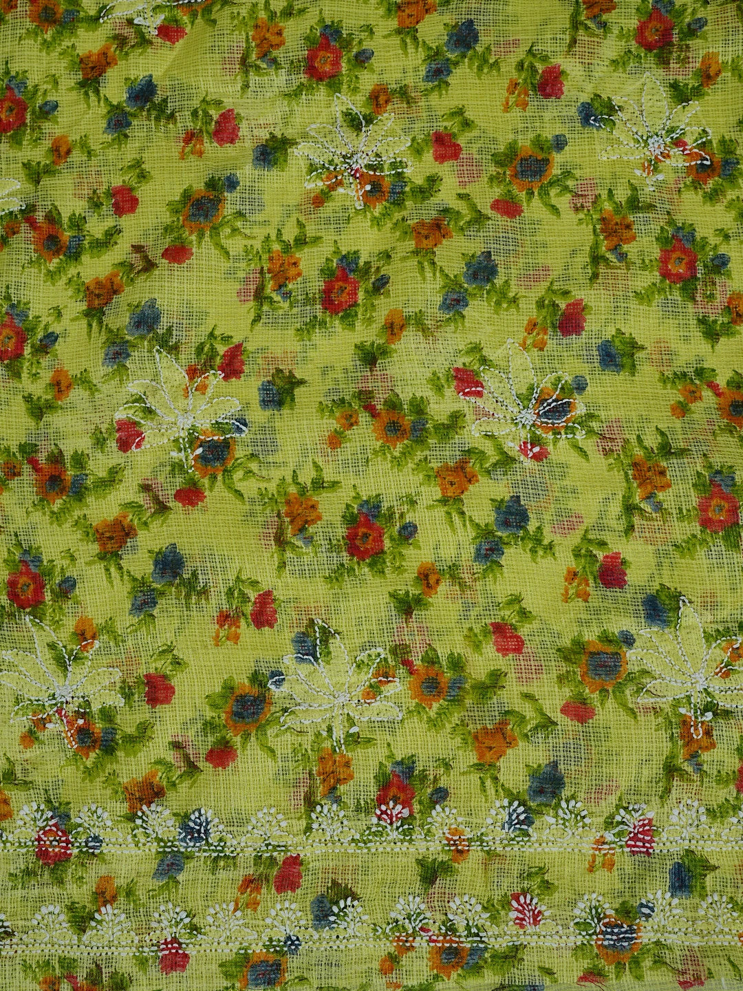 Ada Hand Embroidered Lime Green Kota Floral Printed Lucknowi Chikankari Unstitched Kurta Dupatta Set 01A736603