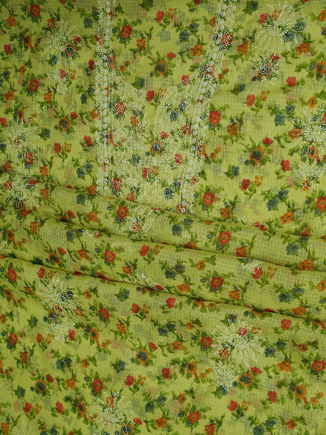 Ada Hand Embroidered Lime Green Kota Floral Printed Lucknowi Chikankari Unstitched Kurta Dupatta Set 01A736603