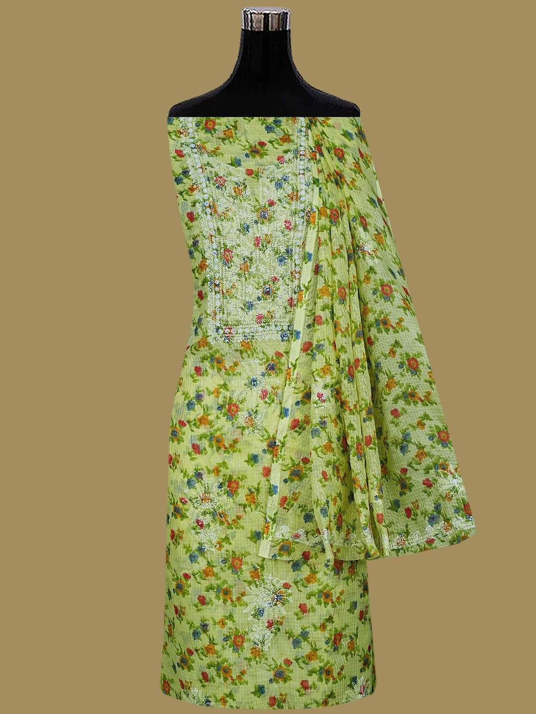 Ada Hand Embroidered Lime Green Kota Floral Printed Lucknowi Chikankari Unstitched Kurta Dupatta Set 01A736603