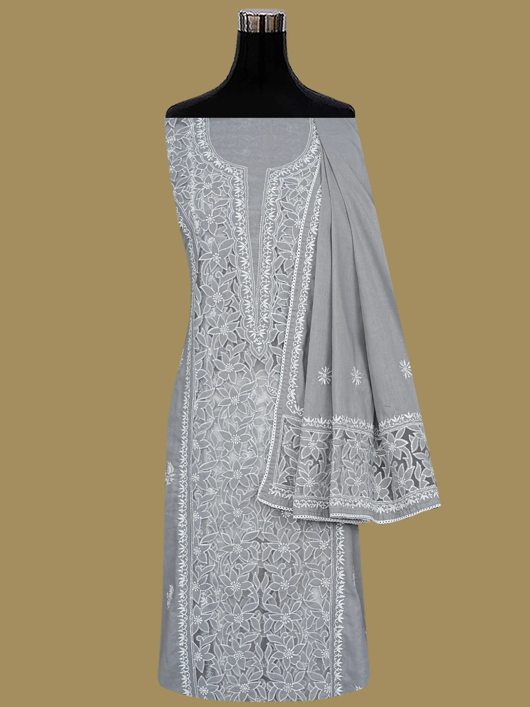 Ada Hand Embroidered Grey Cotton Lucknowi Chikankari Semi-Stitched Kurta Dupatta Set 01A857077