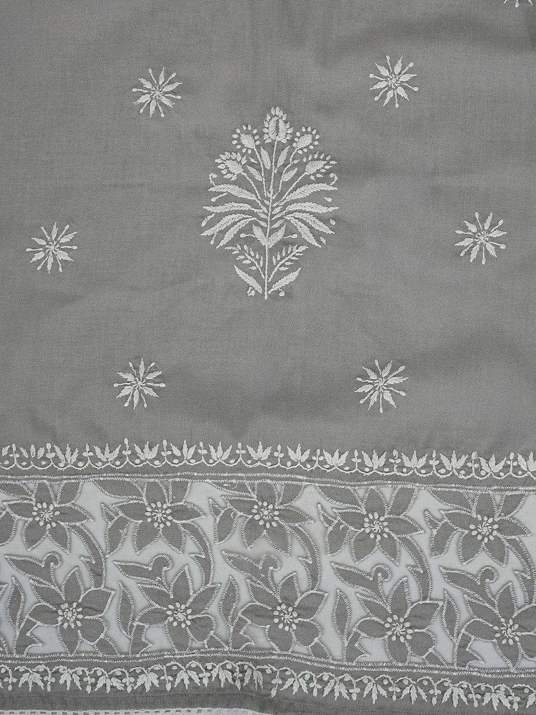Ada Hand Embroidered Grey Cotton Lucknowi Chikankari Semi-Stitched Kurta Dupatta Set 01A857077