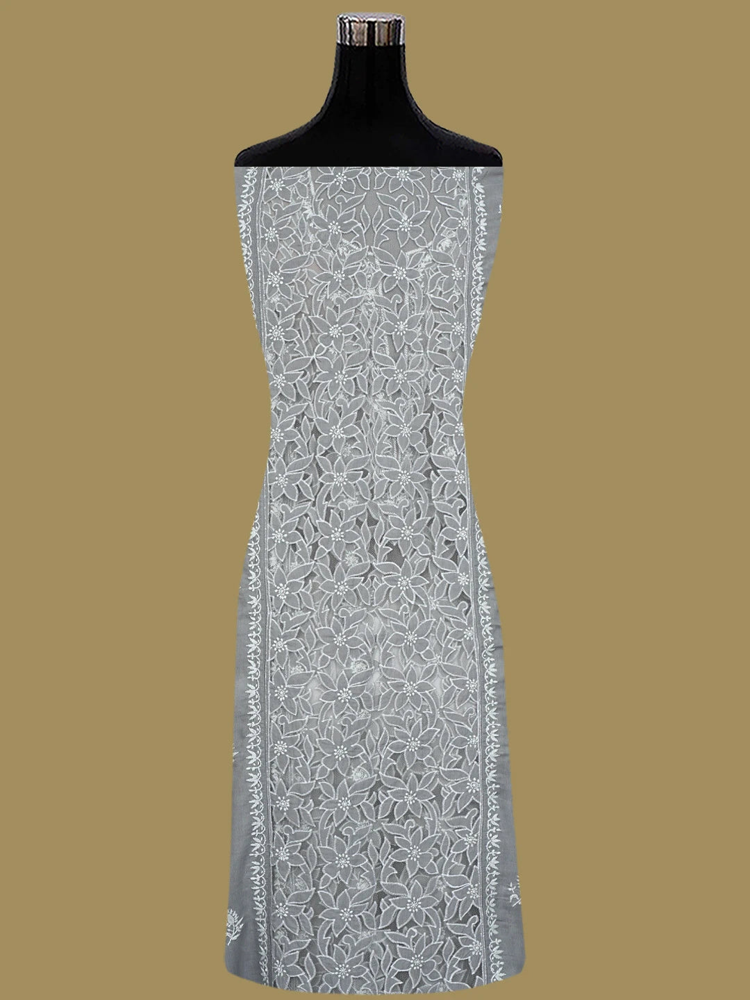 Ada Hand Embroidered Grey Cotton Lucknowi Chikankari Semi-Stitched Kurta Dupatta Set 01A857077