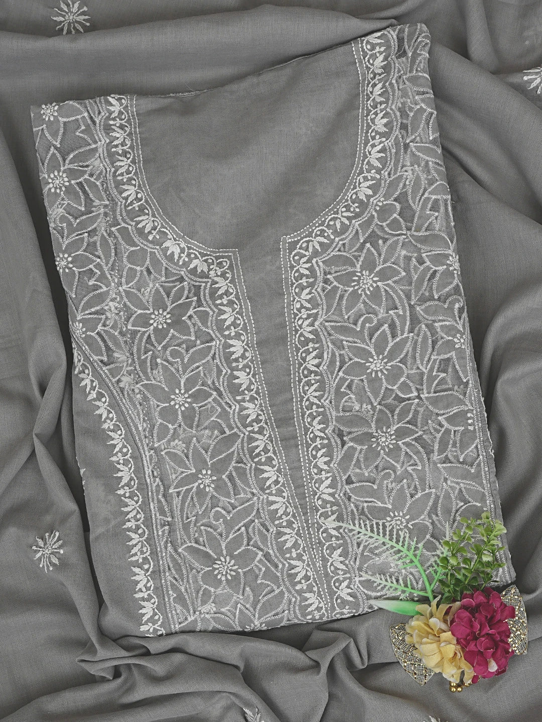 Ada Hand Embroidered Grey Cotton Lucknowi Chikankari Semi-Stitched Kurta Dupatta Set 01A857077