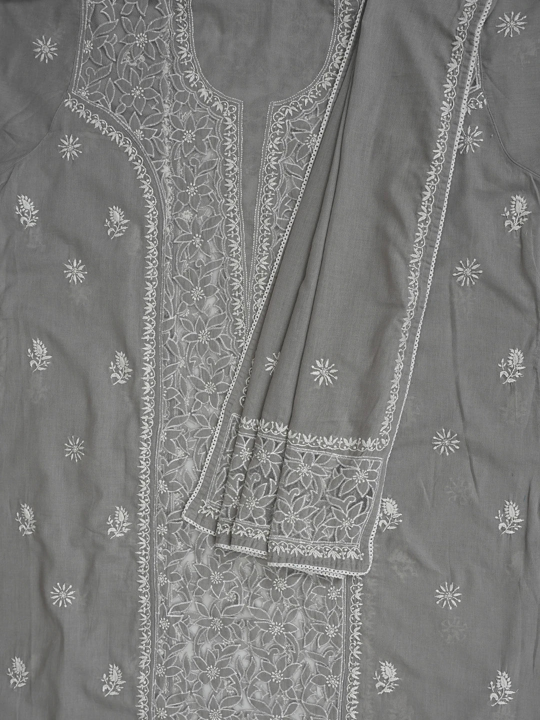 Ada Hand Embroidered Grey Cotton Lucknowi Chikankari Semi-Stitched Kurta Dupatta Set 01A857077