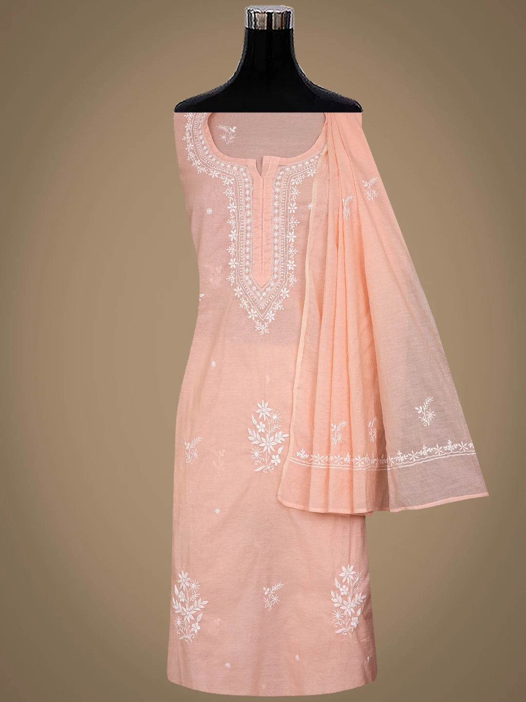 Ada Hand Embroidered Peach Chanderi Lucknowi Chikankari Semi-Stitched Kurta Dupatta Set 01A864366