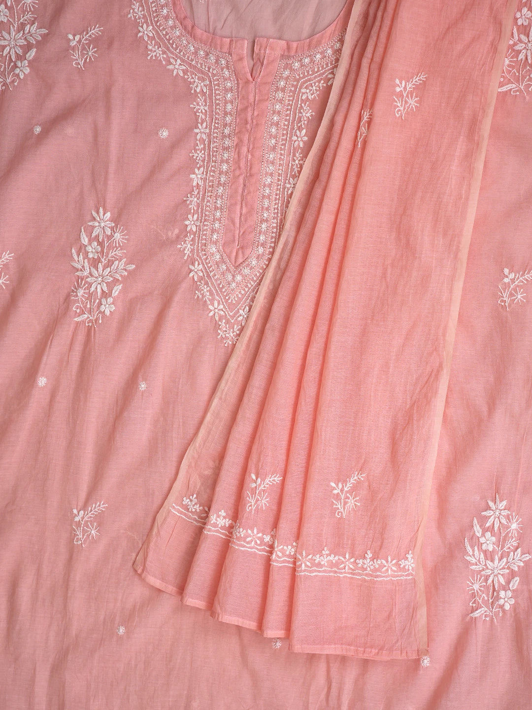Ada Hand Embroidered Peach Chanderi Lucknowi Chikankari Semi-Stitched Kurta Dupatta Set 01A864366
