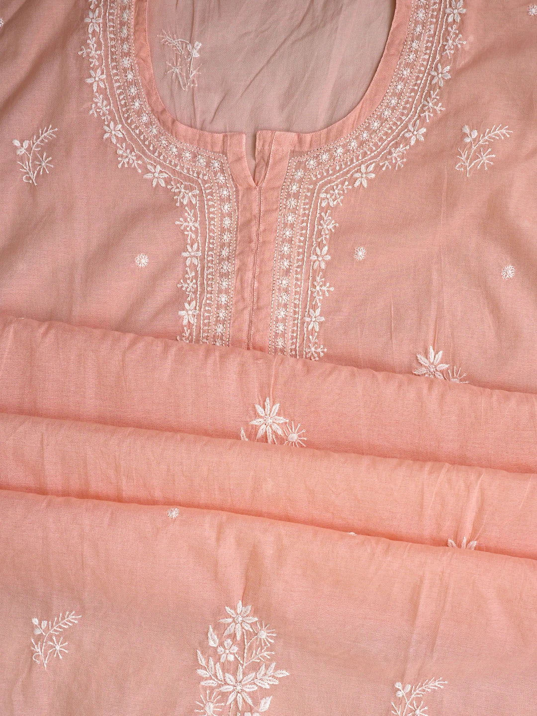 Ada Hand Embroidered Peach Chanderi Lucknowi Chikankari Semi-Stitched Kurta Dupatta Set 01A864366