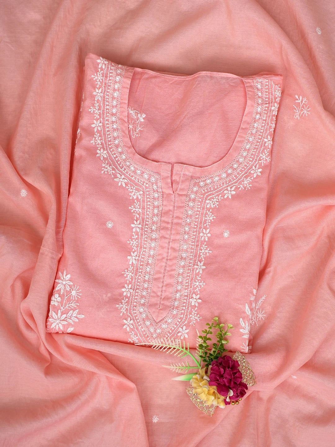 Ada Hand Embroidered Peach Chanderi Lucknowi Chikankari Semi-Stitched Kurta Dupatta Set 01A864366