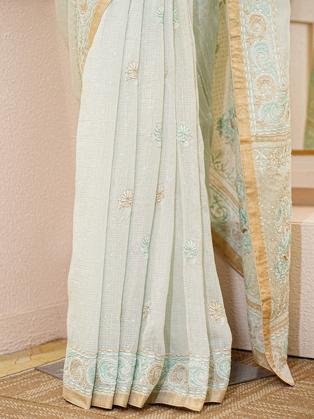 Ada Hand Embroidered Sea Green Kota Moonga Lucknowi Chikankari Saree With Blouse With Cutdana Work 01A693764