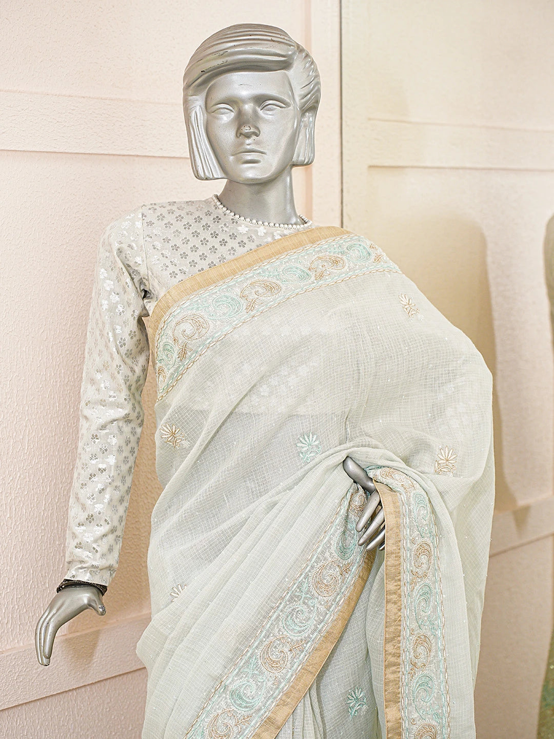 Ada Hand Embroidered Sea Green Kota Moonga Lucknowi Chikankari Saree With Blouse With Cutdana Work 01A693764