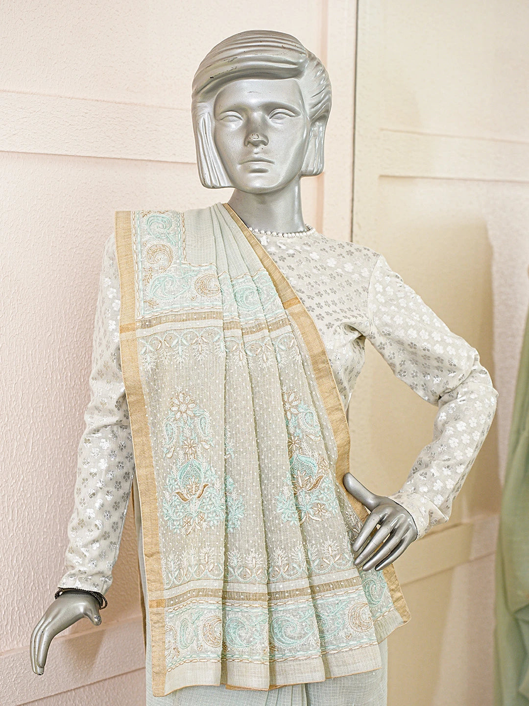 Ada Hand Embroidered Sea Green Kota Moonga Lucknowi Chikankari Saree With Blouse With Cutdana Work 01A693764