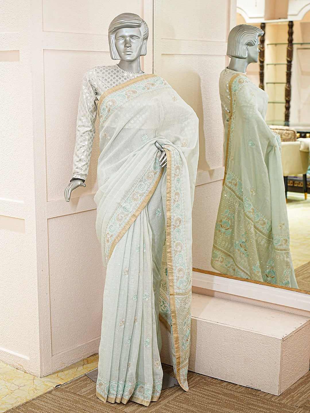 Ada Hand Embroidered Sea Green Kota Moonga Lucknowi Chikankari Saree With Blouse With Cutdana Work 01A693764