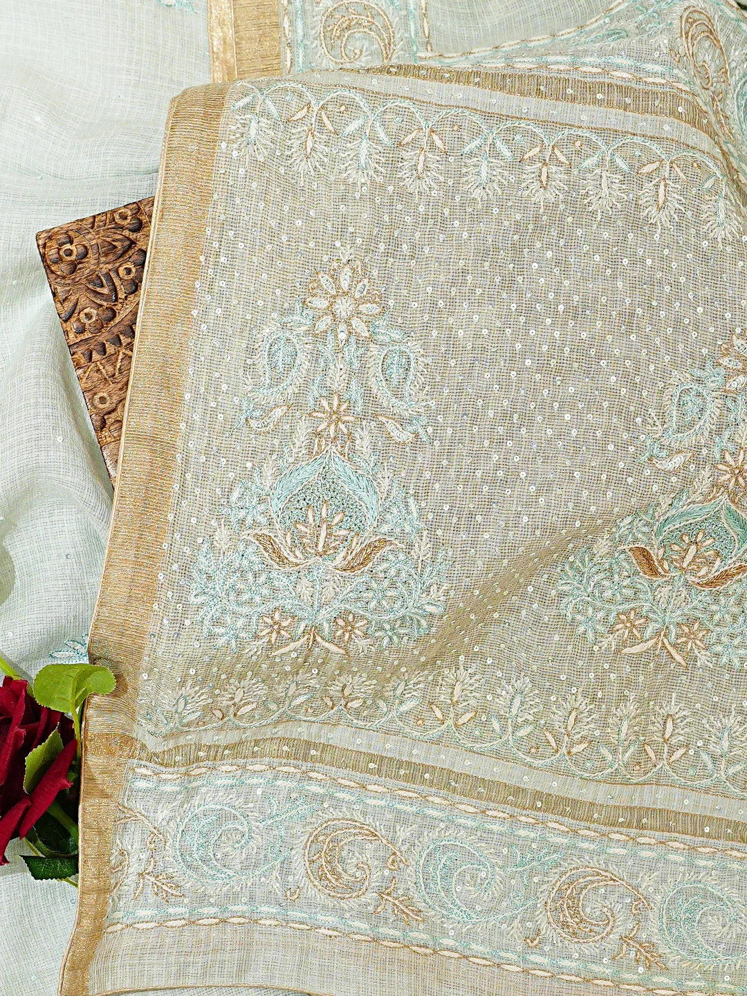 Ada Hand Embroidered Sea Green Kota Moonga Lucknowi Chikankari Saree With Blouse With Cutdana Work 01A693764