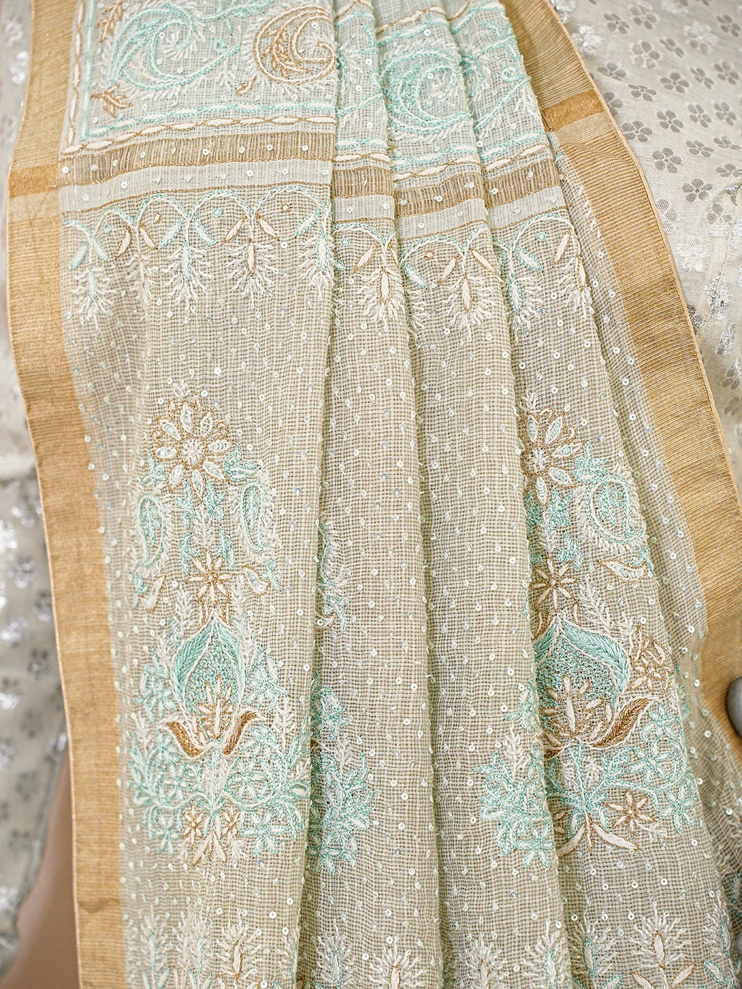 Ada Hand Embroidered Sea Green Kota Moonga Lucknowi Chikankari Saree With Blouse With Cutdana Work 01A693764