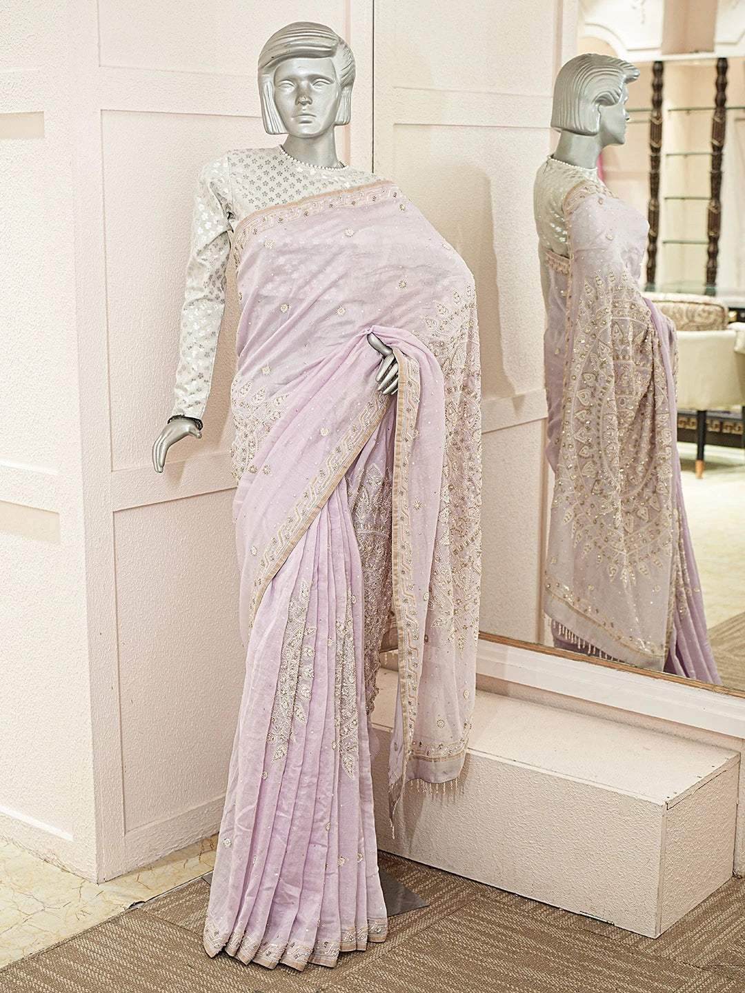 Ada Hand Embroidered Lavender Chanderi Lucknowi Chikankari Saree With Blouse With Cutdana Work 01A370439