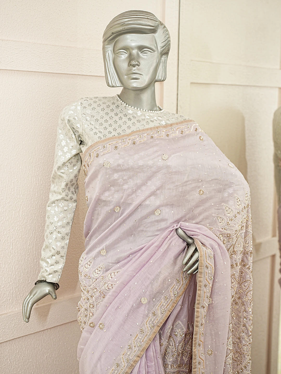 Ada Hand Embroidered Lavender Chanderi Lucknowi Chikankari Saree With Blouse With Cutdana Work 01A370439