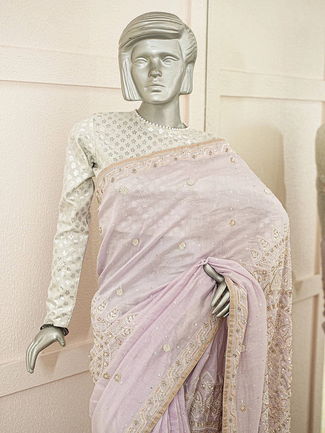 Ada Hand Embroidered Lavender Chanderi Lucknowi Chikankari Saree With Blouse With Cutdana Work 01A370439