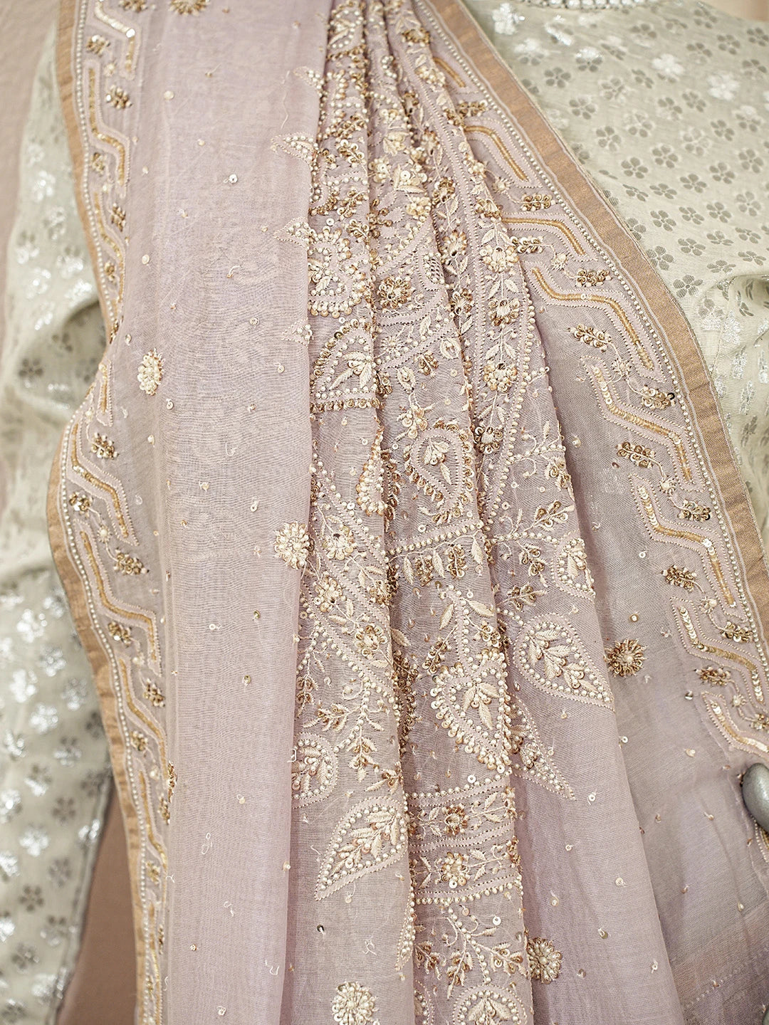 Ada Hand Embroidered Lavender Chanderi Lucknowi Chikankari Saree With Blouse With Cutdana Work 01A370439