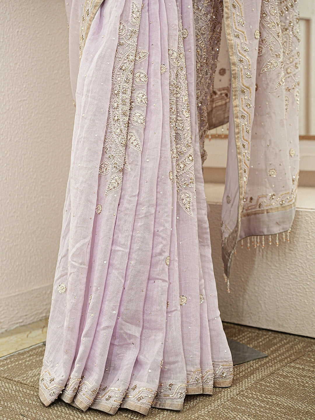 Ada Hand Embroidered Lavender Chanderi Lucknowi Chikankari Saree With Blouse With Cutdana Work 01A370439