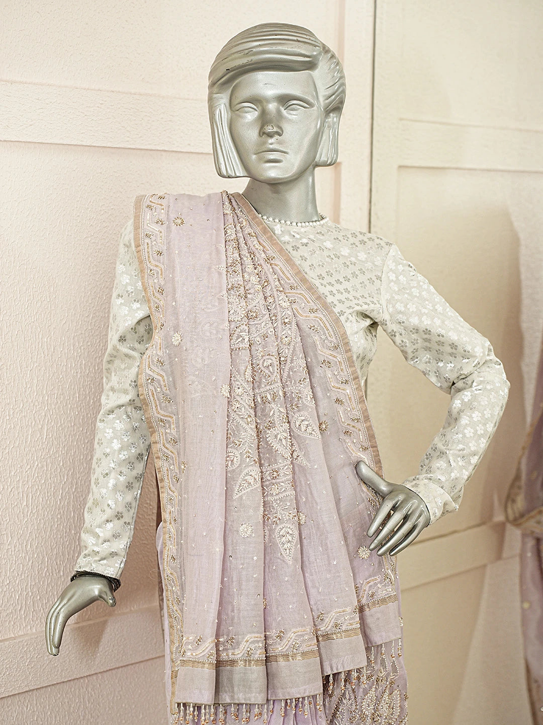 Ada Hand Embroidered Lavender Chanderi Lucknowi Chikankari Saree With Blouse With Cutdana Work 01A370439