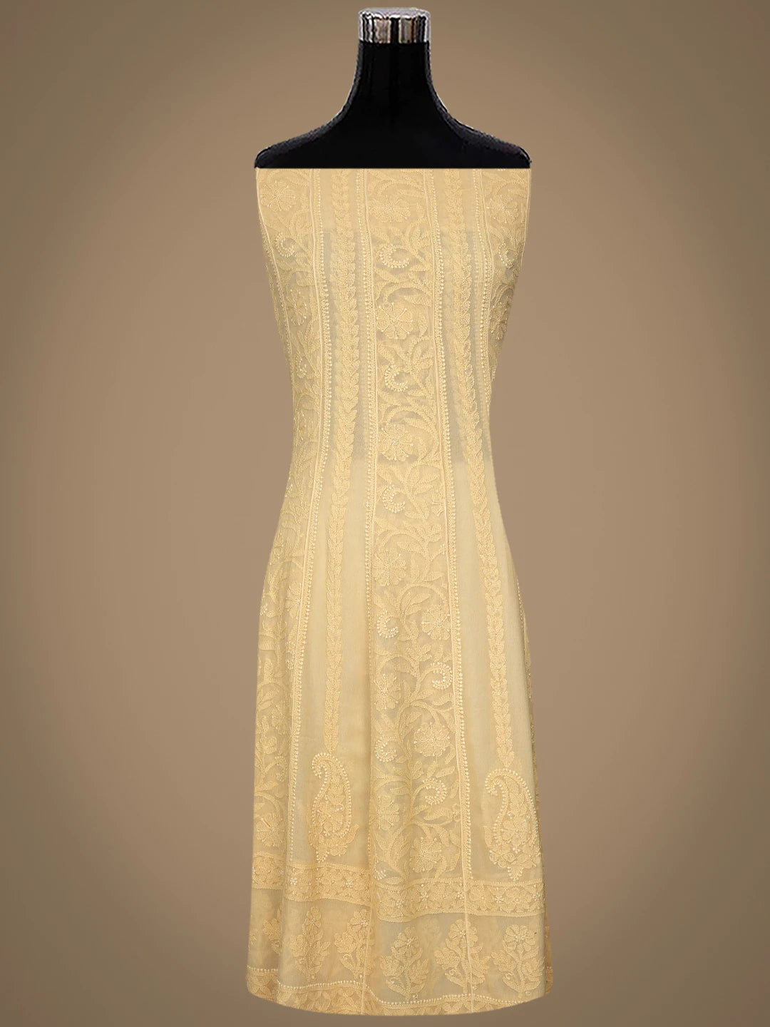 Ada Hand Embroidered Biscuit Yellow Viscose Georgette Lucknowi Chikankari Semi-stitched Anarkali Kurta Dupatta Set 01A800009