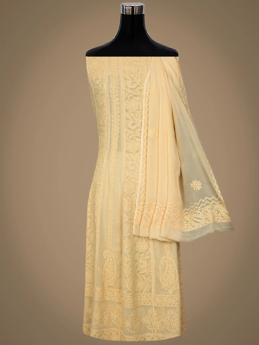 Ada Hand Embroidered Biscuit Yellow Viscose Georgette Lucknowi Chikankari Semi-stitched Anarkali Kurta Dupatta Set 01A800009