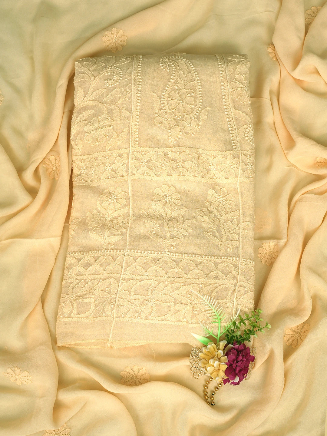 Ada Hand Embroidered Biscuit Yellow Viscose Georgette Lucknowi Chikankari Semi-stitched Anarkali Kurta Dupatta Set 01A800009
