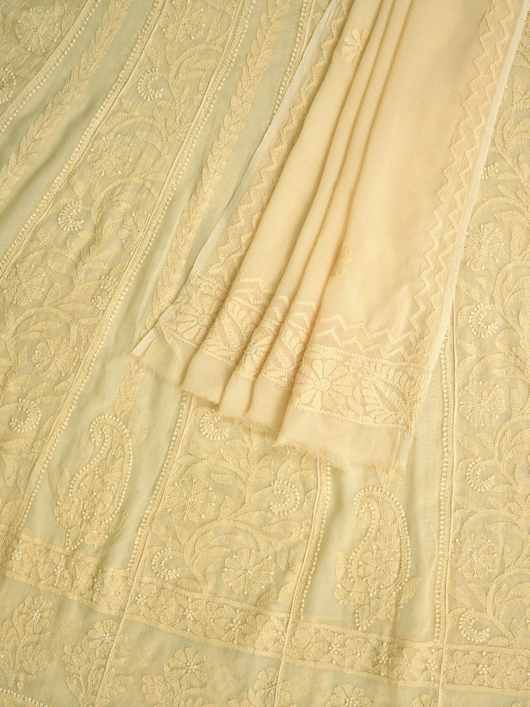 Ada Hand Embroidered Biscuit Yellow Viscose Georgette Lucknowi Chikankari Semi-stitched Anarkali Kurta Dupatta Set 01A800009