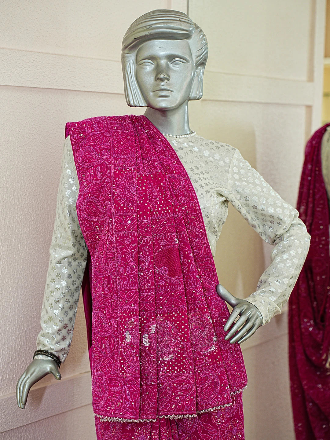 Ada Hand Embroidered Magenta Pure Georgette Lucknowi Chikankari Saree With Blouse With Cutdana Work 01A781703