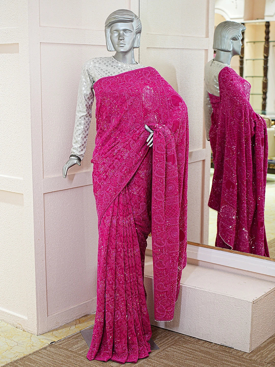 Ada Hand Embroidered Magenta Pure Georgette Lucknowi Chikankari Saree With Blouse With Cutdana Work 01A781703