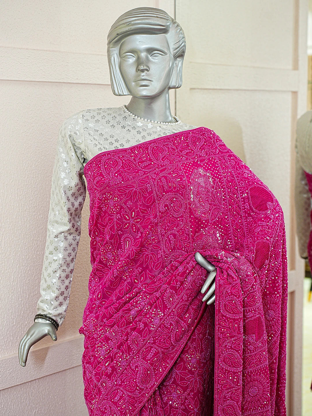 Ada Hand Embroidered Magenta Pure Georgette Lucknowi Chikankari Saree With Blouse With Cutdana Work 01A781703