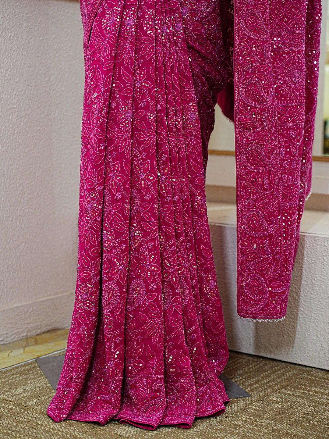 Ada Hand Embroidered Magenta Pure Georgette Lucknowi Chikankari Saree With Blouse With Cutdana Work 01A781703