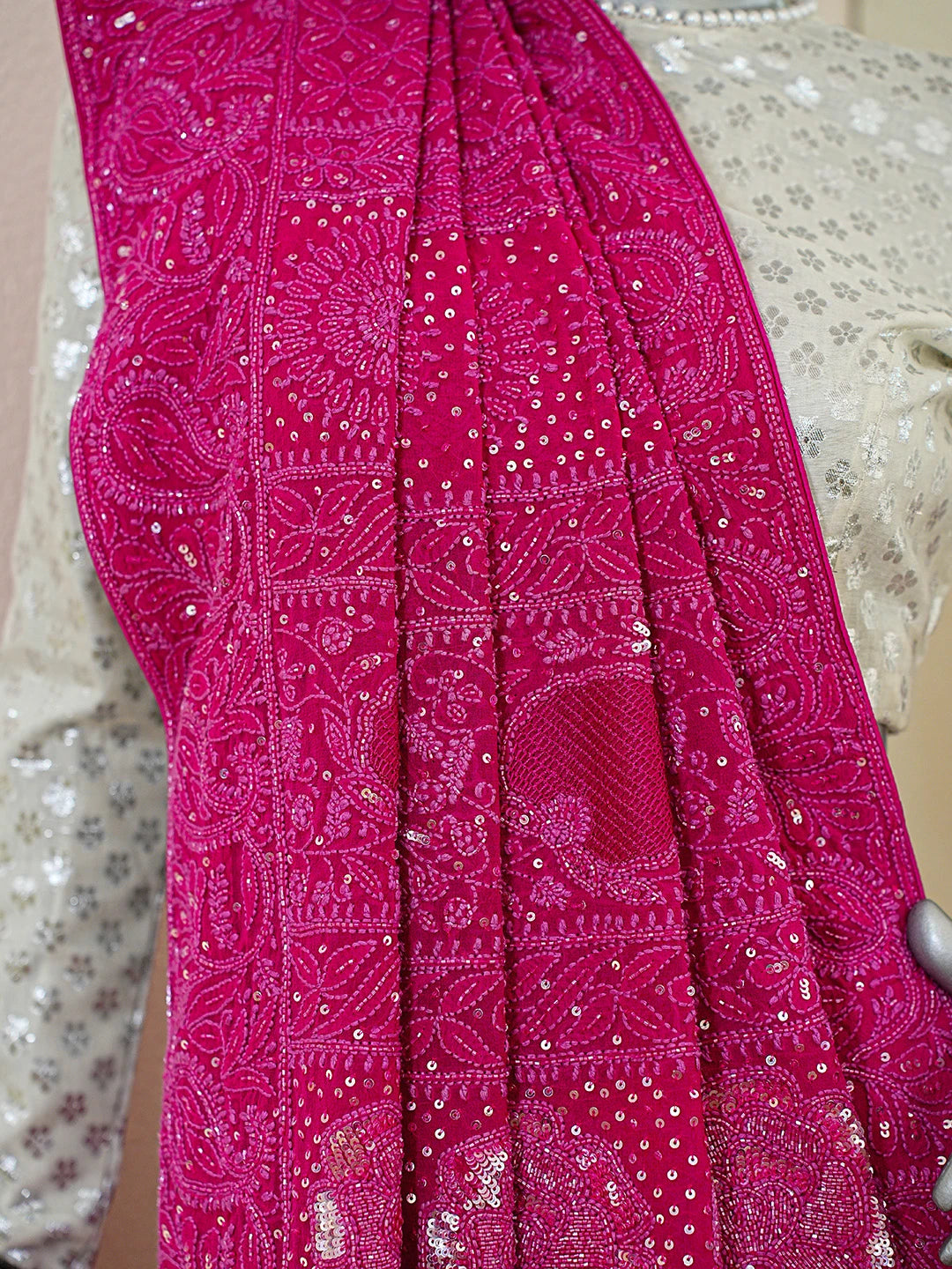 Ada Hand Embroidered Magenta Pure Georgette Lucknowi Chikankari Saree With Blouse With Cutdana Work 01A781703