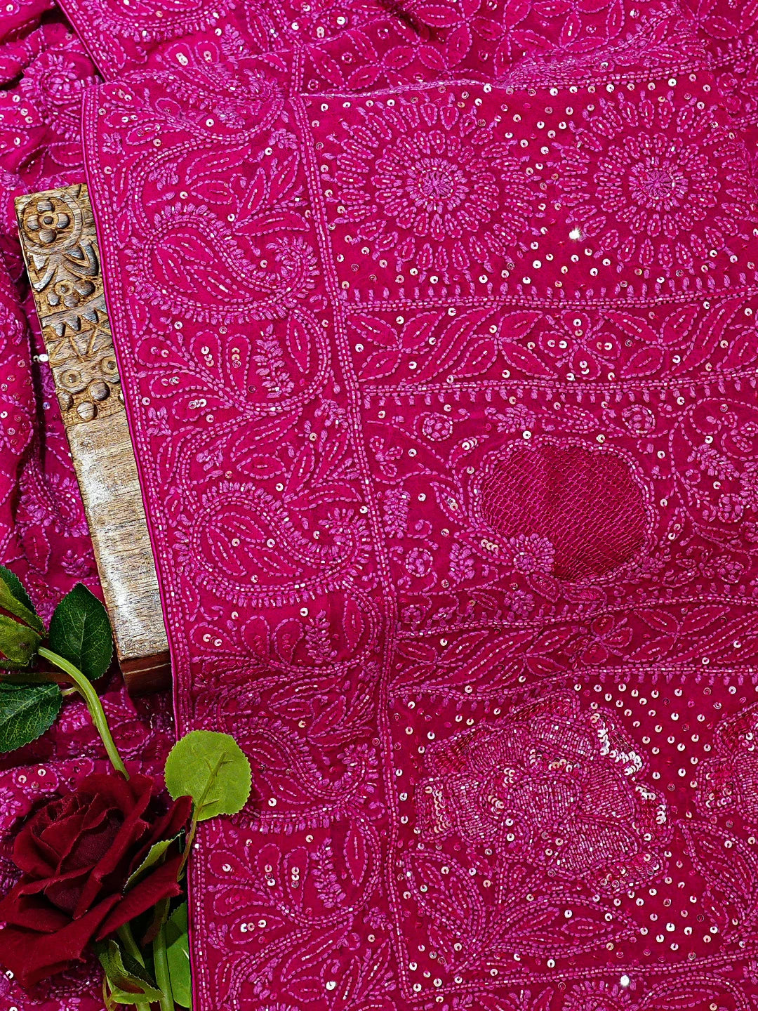 Ada Hand Embroidered Magenta Pure Georgette Lucknowi Chikankari Saree With Blouse With Cutdana Work 01A781703