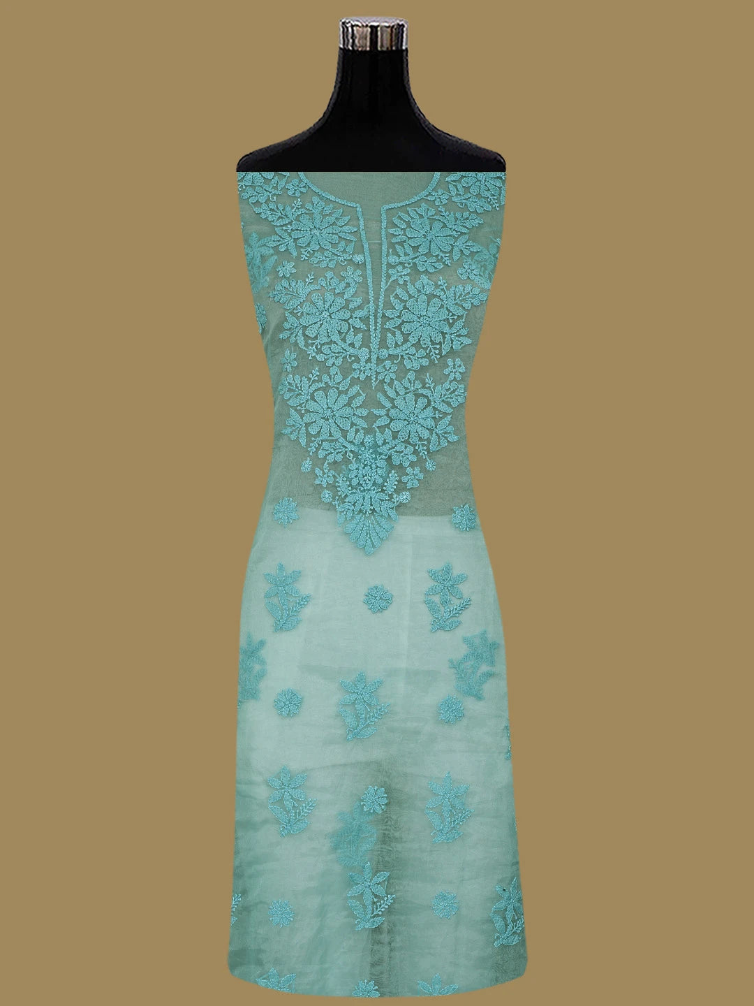 Ada Hand Embroidered Aquamarine Green Organza Lucknowi Chikankari Unstitched Kurta Dupatta Set 01A743478